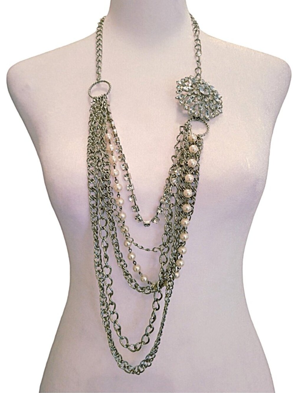 Multi-Layer Chains, Pearls & Rhinestone Statement Pendant Necklace